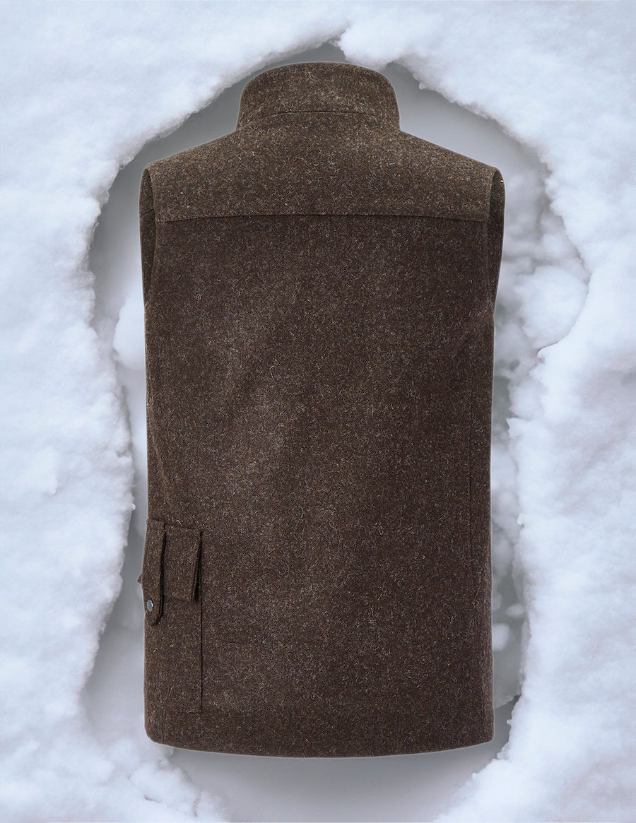 Beheizbare Jagdweste braun, aus bestem deutschen Loden, Oeko-Tex-100plus, nachhaltig