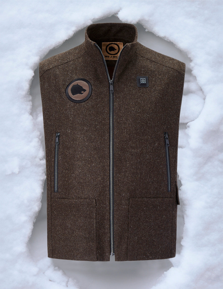 Beheizbare Jagdweste braun, aus bestem deutschen Loden, Oeko-Tex-100plus, nachhaltig