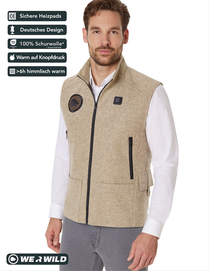 Beheizbare Jagdweste creme, aus bestem deutschen Loden, Oeko-Tex-100plus, nachhaltig