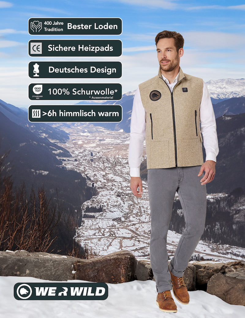Beheizbare Jagdweste creme, aus bestem deutschen Loden, Oeko-Tex-100plus, nachhaltig