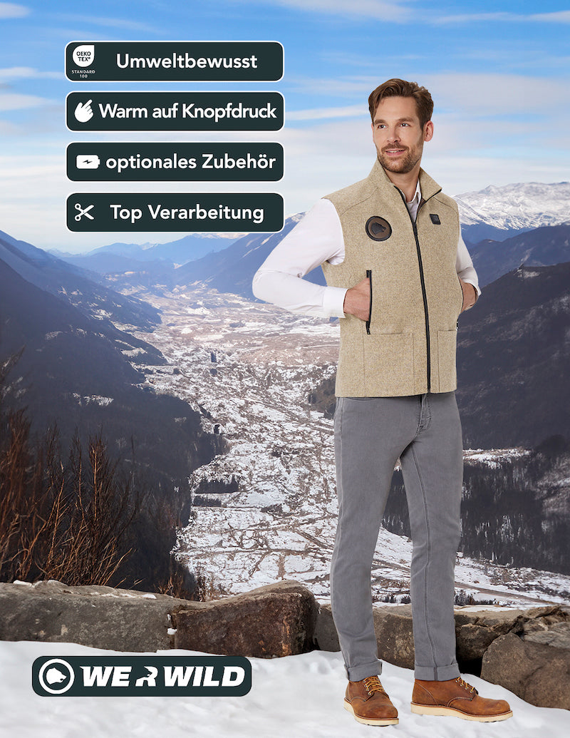Beheizbare Jagdweste creme, aus bestem deutschen Loden, Oeko-Tex-100plus, nachhaltig