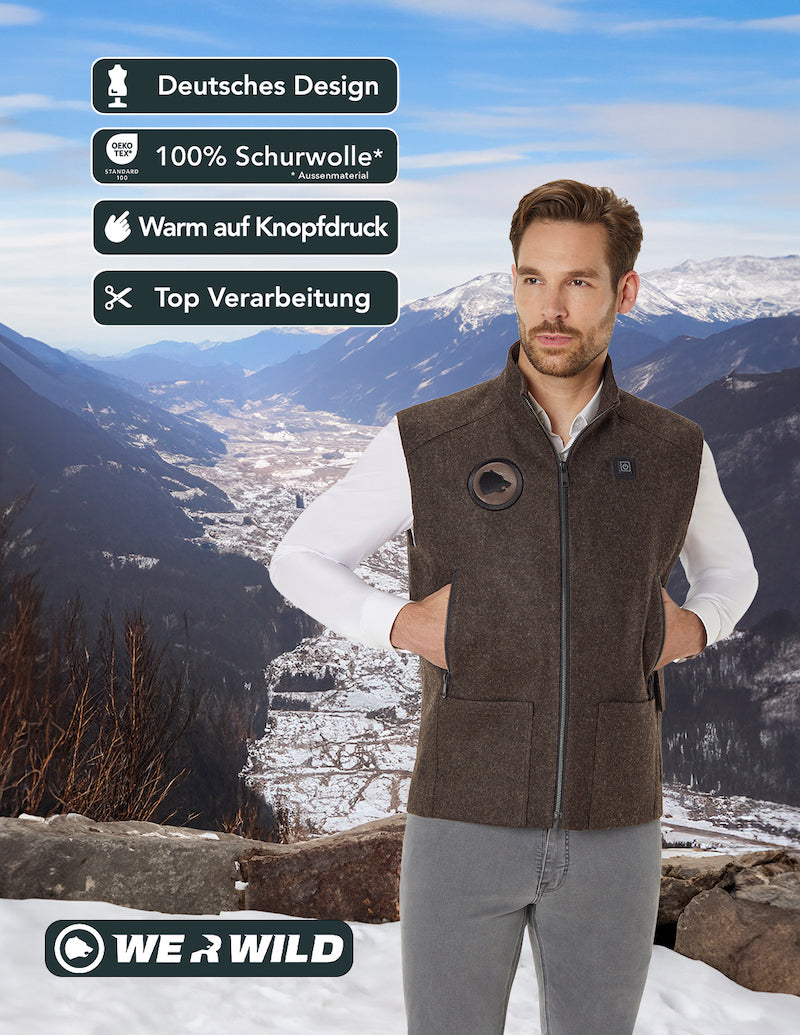 Beheizbare Jagdweste braun, aus bestem deutschen Loden, Oeko-Tex-100plus, nachhaltig
