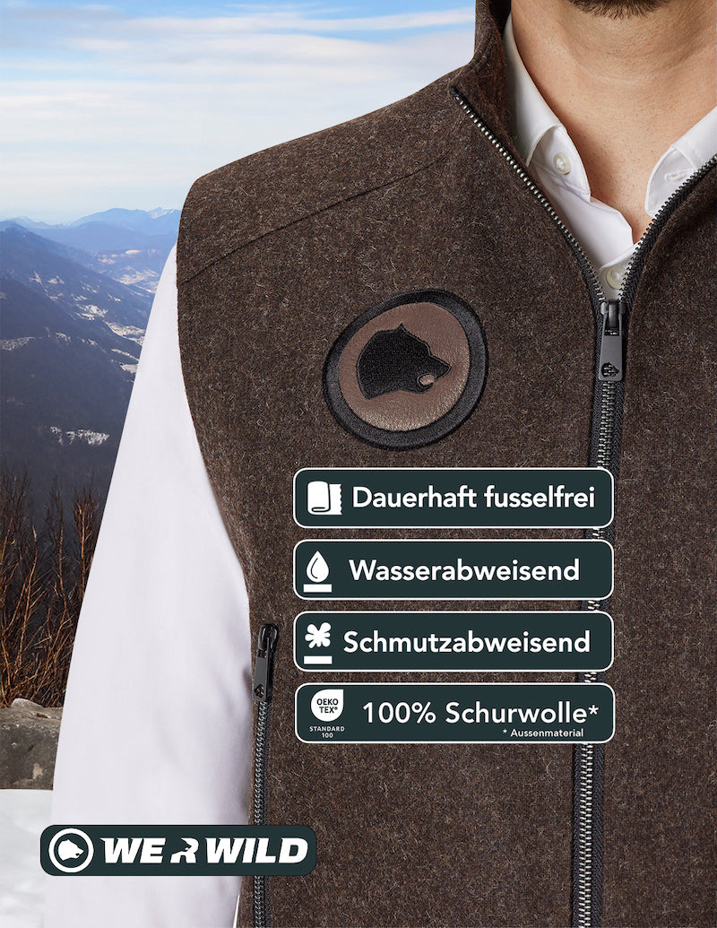 Beheizbare Jagdweste braun, aus bestem deutschen Loden, Oeko-Tex-100plus, nachhaltig
