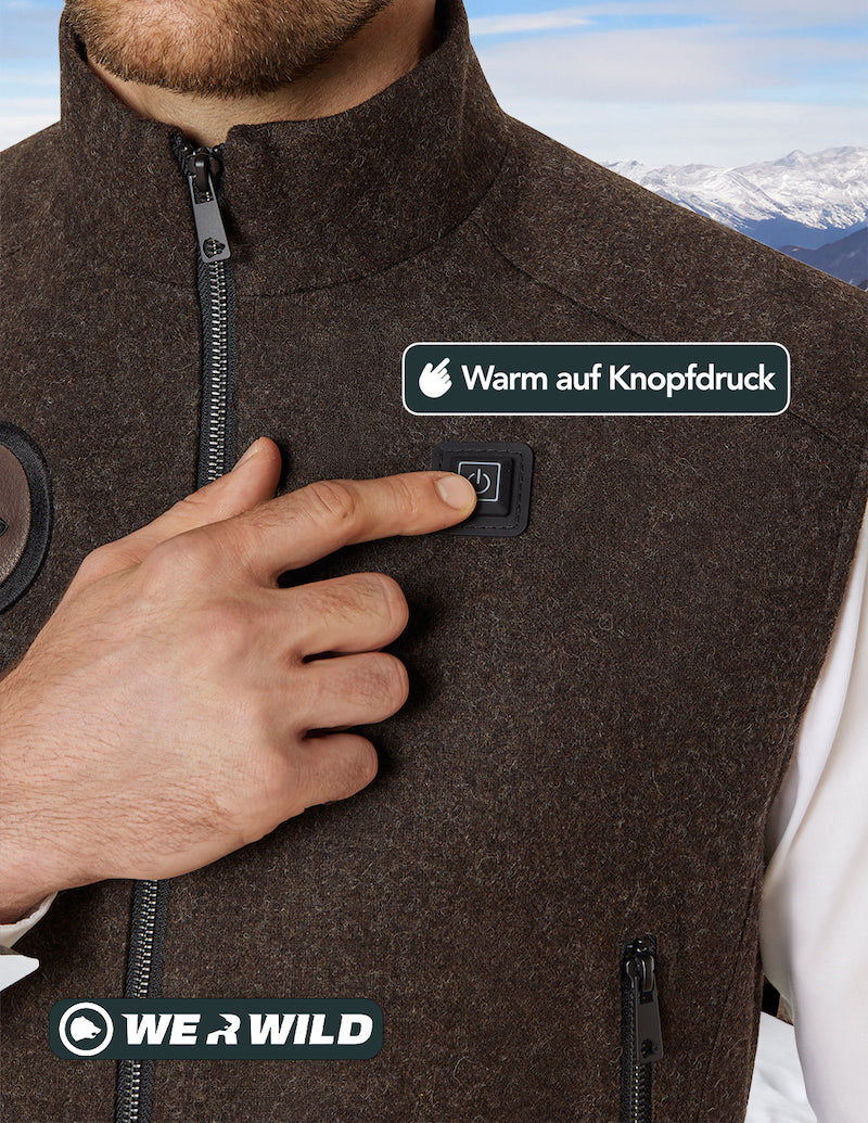 Beheizbare Jagdweste braun, aus bestem deutschen Loden, Oeko-Tex-100plus, nachhaltig