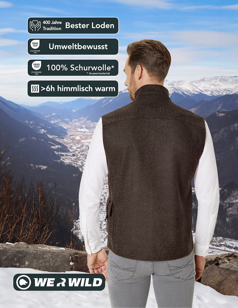 Beheizbare Jagdweste braun, aus bestem deutschen Loden, Oeko-Tex-100plus, nachhaltig