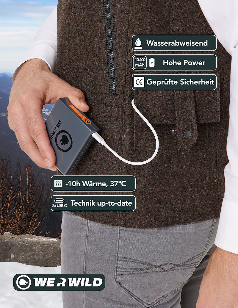 Beheizbare Jagdweste braun, aus bestem deutschen Loden, Oeko-Tex-100plus, nachhaltig