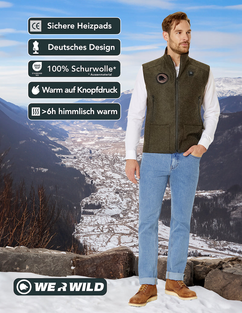 Beheizbare Jagdweste grün, aus bestem deutschen Loden, Oeko-Tex-100plus, nachhaltig