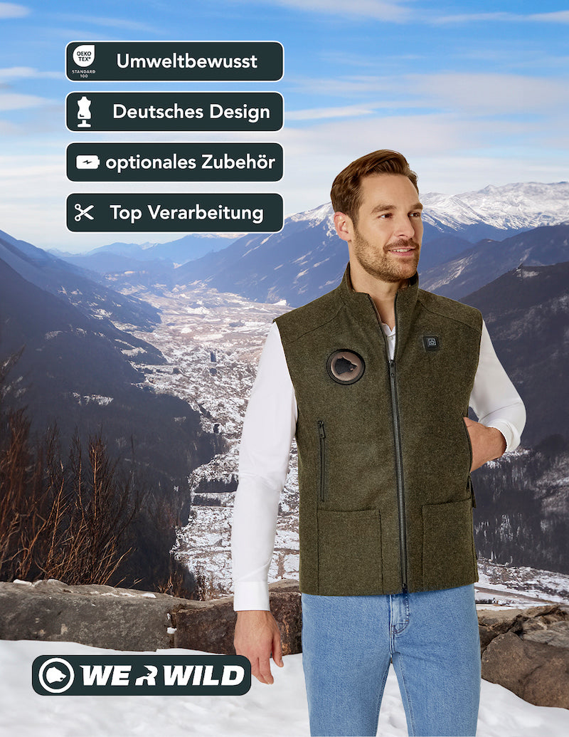 Beheizbare Jagdweste grün, aus bestem deutschen Loden, Oeko-Tex-100plus, nachhaltig