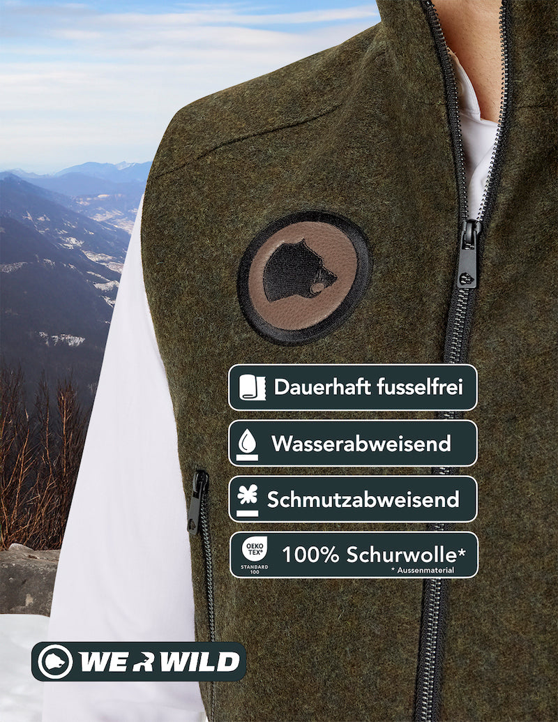 Beheizbare Jagdweste grün, aus bestem deutschen Loden, Oeko-Tex-100plus, nachhaltig