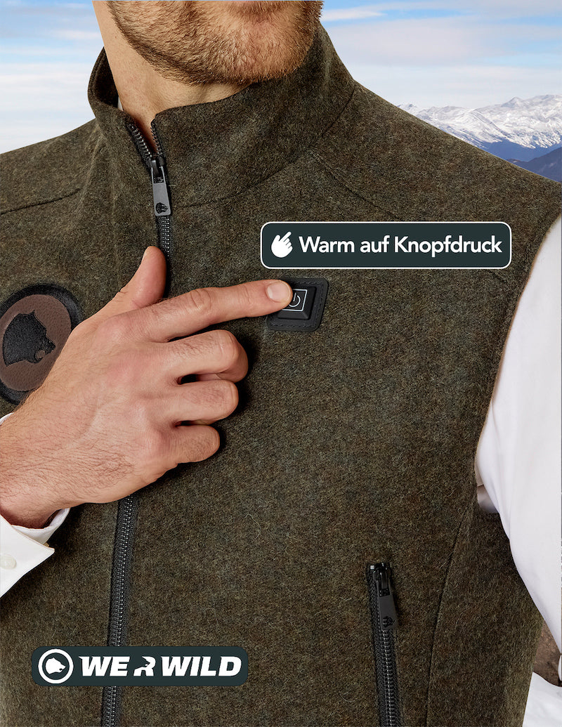 Beheizbare Jagdweste grün, aus bestem deutschen Loden, Oeko-Tex-100plus, nachhaltig