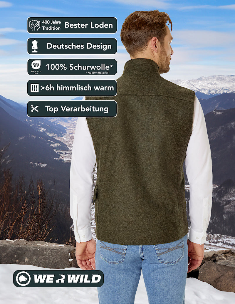 Beheizbare Jagdweste grün, aus bestem deutschen Loden, Oeko-Tex-100plus, nachhaltig
