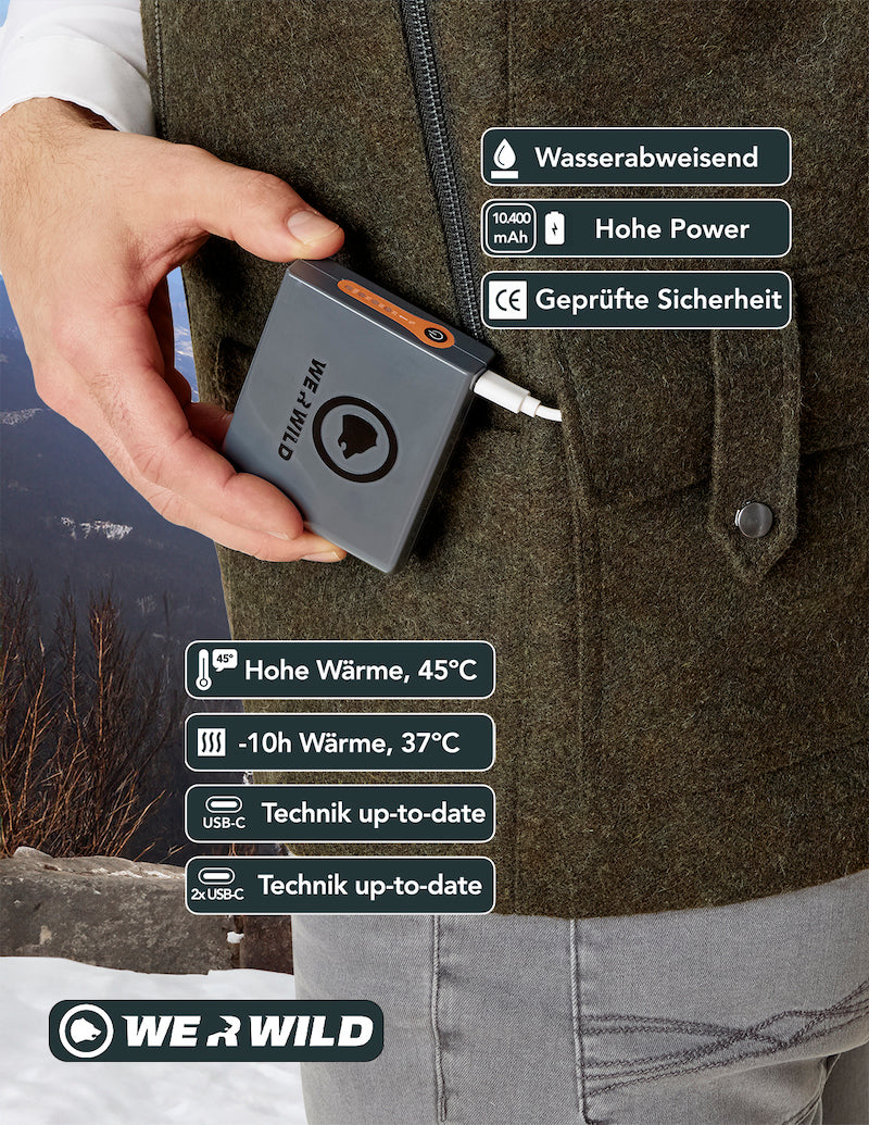 Beheizbare Jagdweste grün, aus bestem deutschen Loden, Oeko-Tex-100plus, nachhaltig