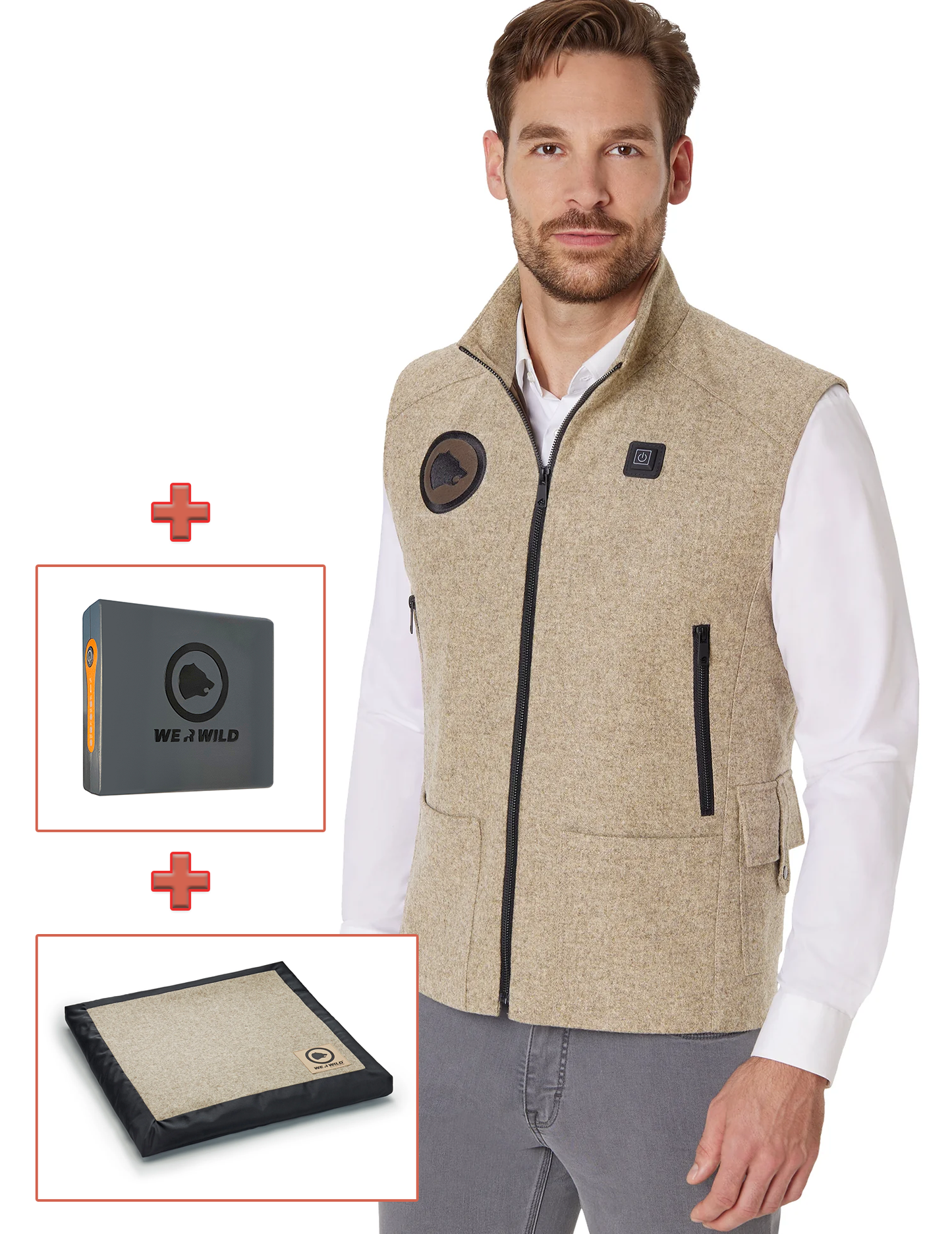 WE-R-Wild Bundle creme: 1x Beheizbare Jagdweste, 1x Sitzkissen, 1x Akku