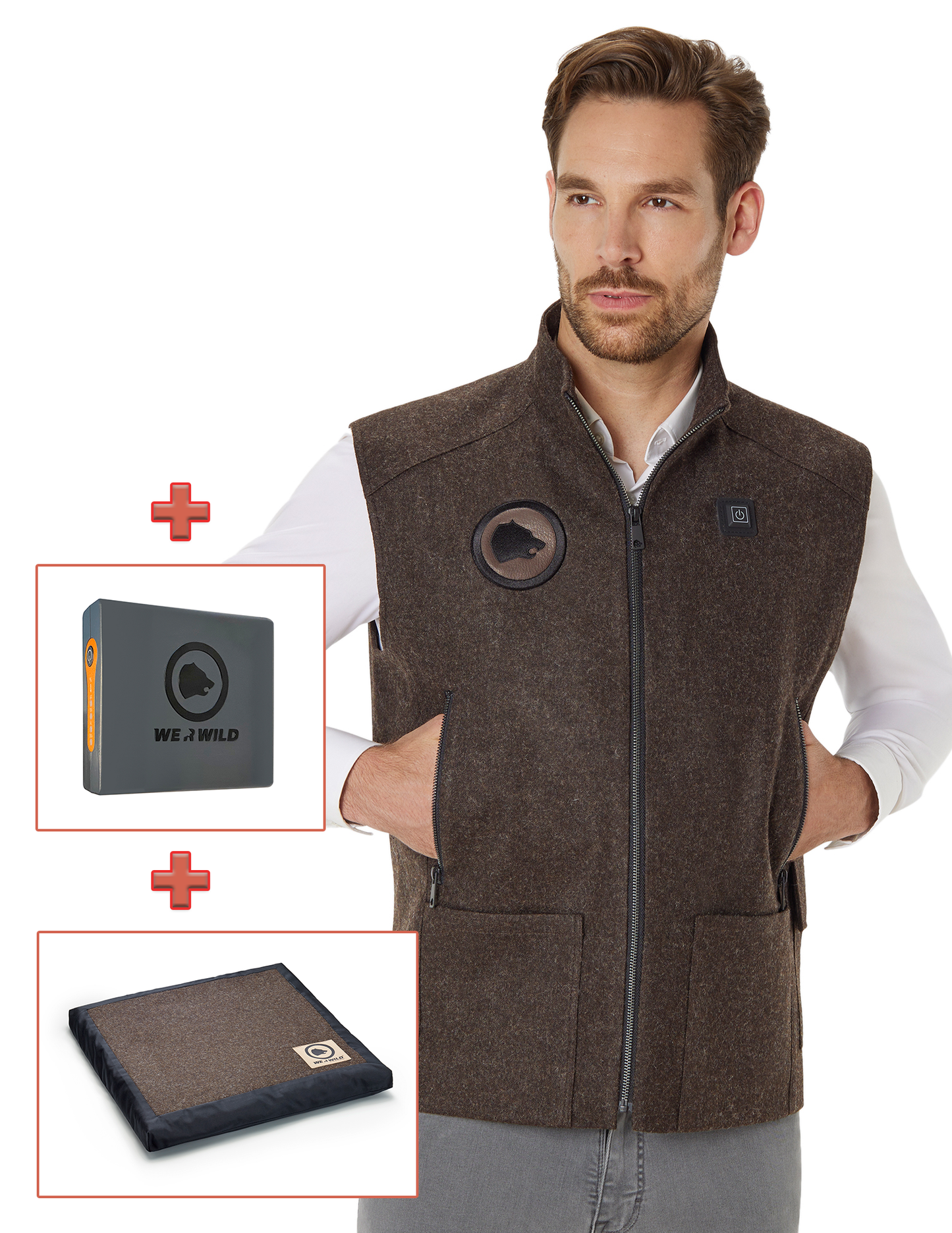We-R-Wild Bundle braun: 1x Beheizbare Jagdweste, 1x Sitzkissen, 1x Akku