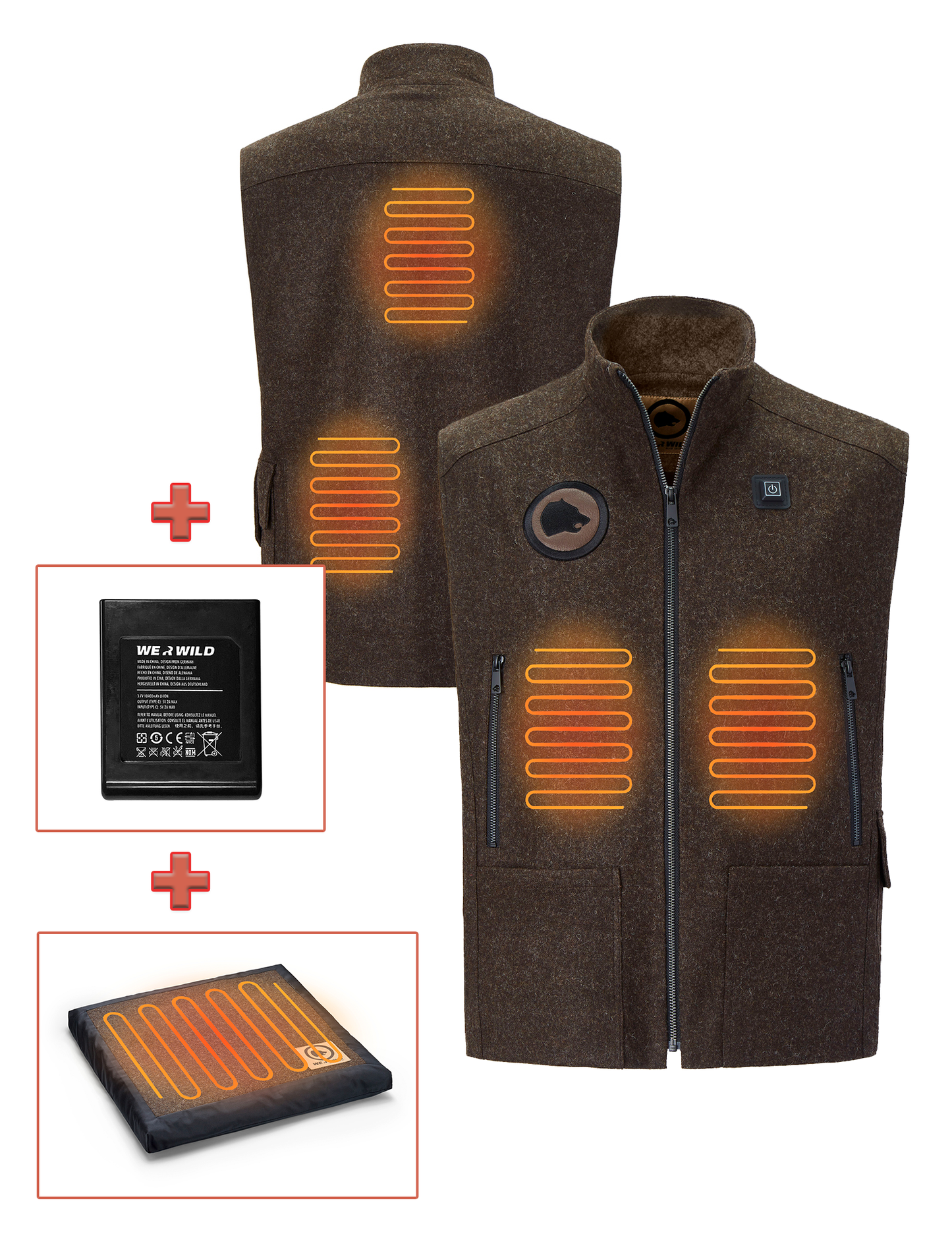 Bundle braun: 1x Beheizbare Jagdweste, 1x Sitzkissen, 1x Akku