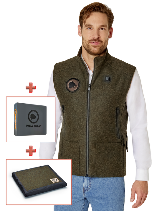 Bundle grün: 1x Beheizbare Jagdweste, 1x Sitzkissen, 1x Akku