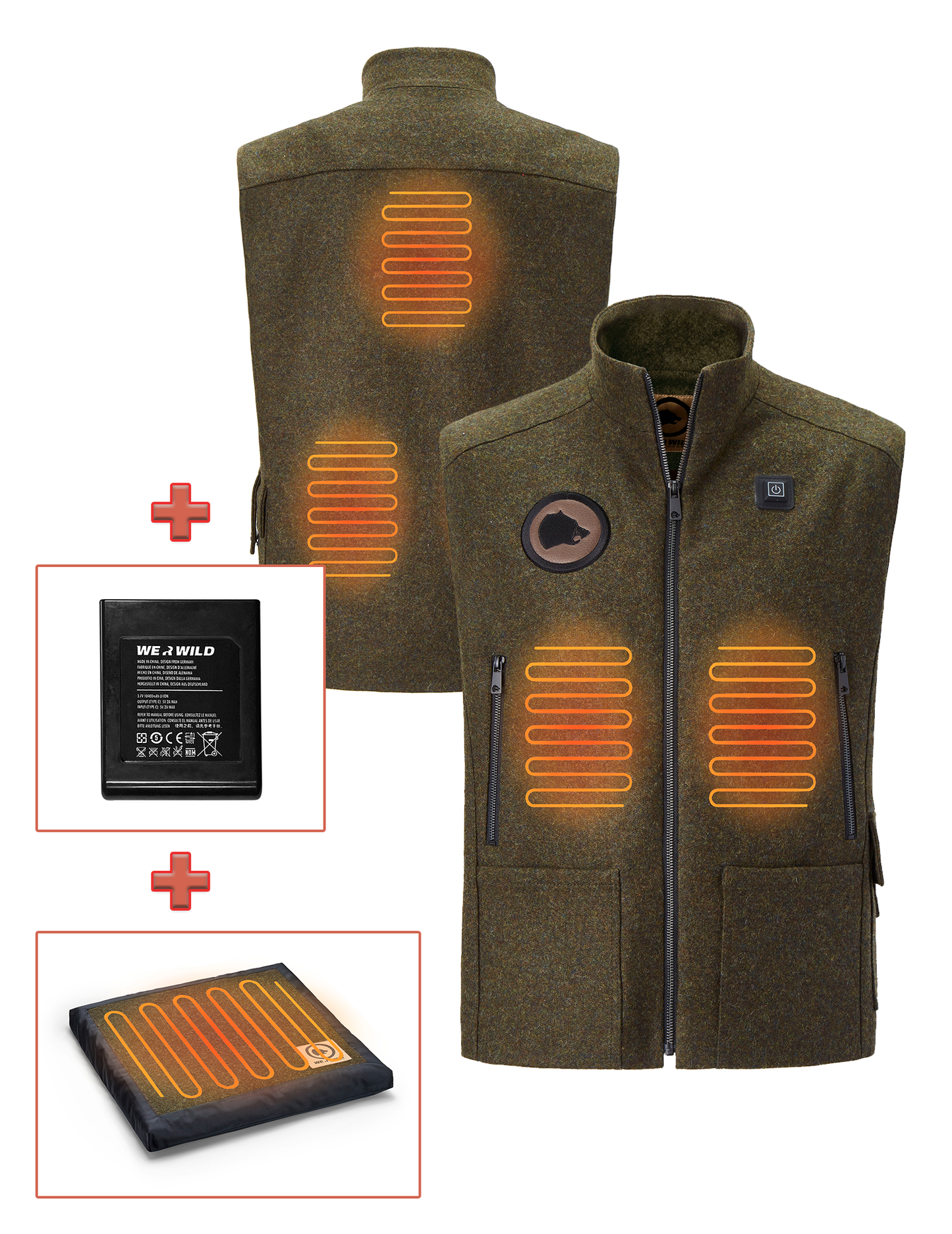Bundle grün: 1x Beheizbare Jagdweste, 1x Sitzkissen, 1x Akku