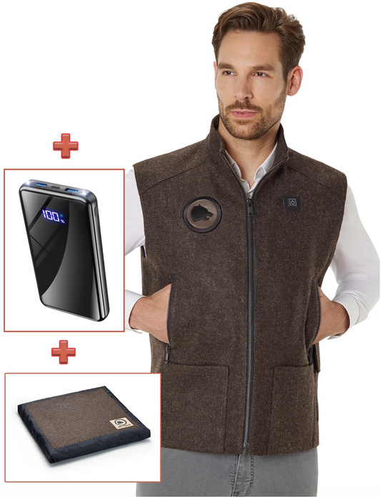 Bundle braun: 1x Beheizbare Heizweste, 1x Sitzkissen, 1x Akku