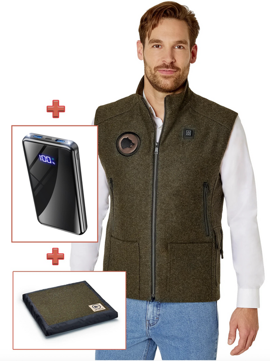 Bundle grün: 1x Heizweste, 1x Sitzkissen, 1x Akku