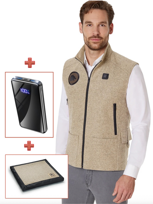 Bundle creme: 1x Beheizbare Heizweste, 1x Sitzkissen, 1x Akku