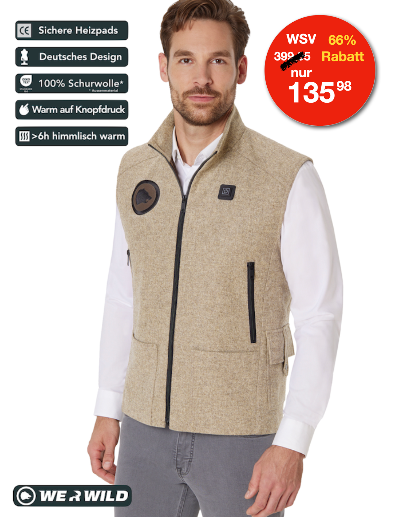 Heated hunting vest made of high-quality loden sand