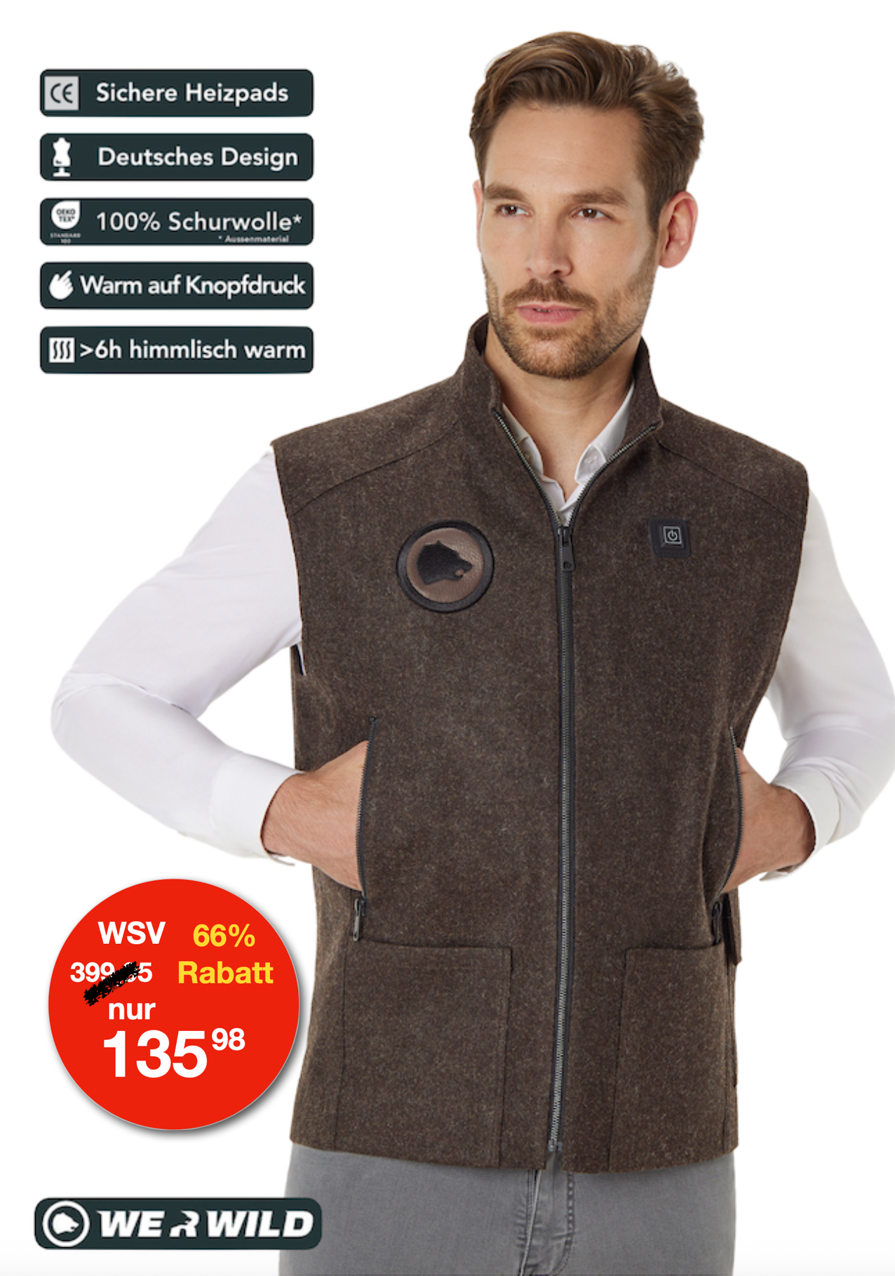 Heated hunting vest made of high-quality loden brown