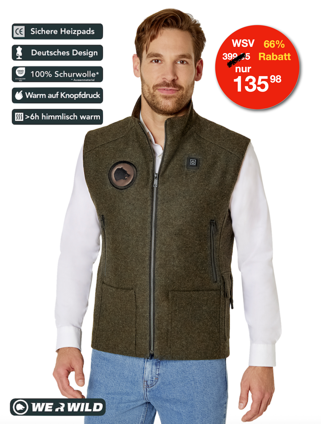 Heated hunting vest made of high-quality loden green
